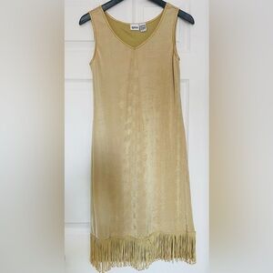 TOGETHER Dress S Gold Sleeveless Fringe Hem Lined Stretchy Gatsby Flapper
